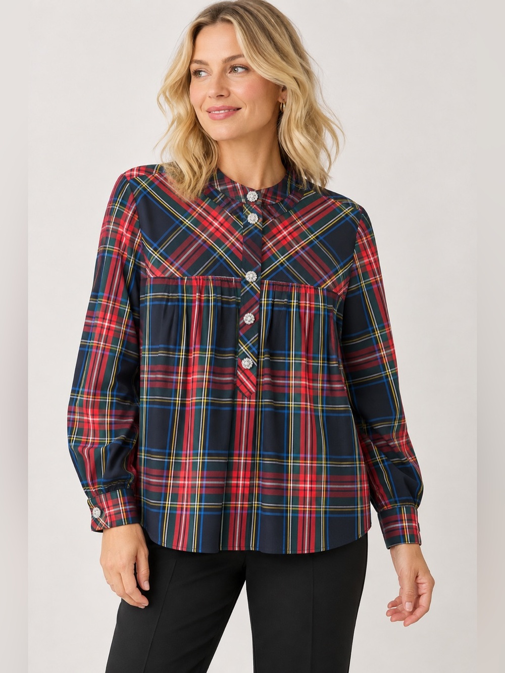 J.Crew | Fresco Top in Stewart Tartan Jeweled Buttons | XL